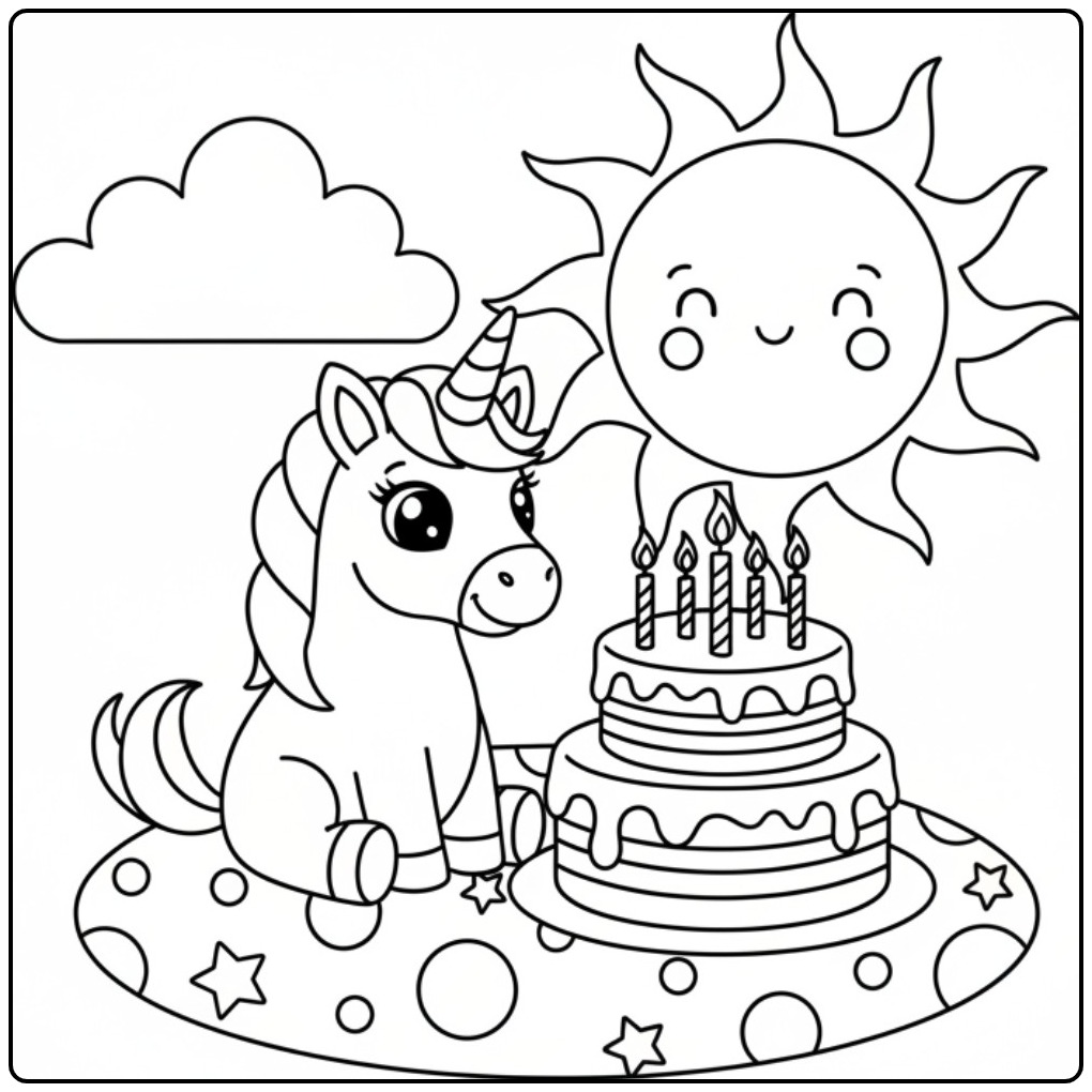 Verjaardag taart kleurplaat eenhoorn, zon en wolk om vrolijk in te kleuren.