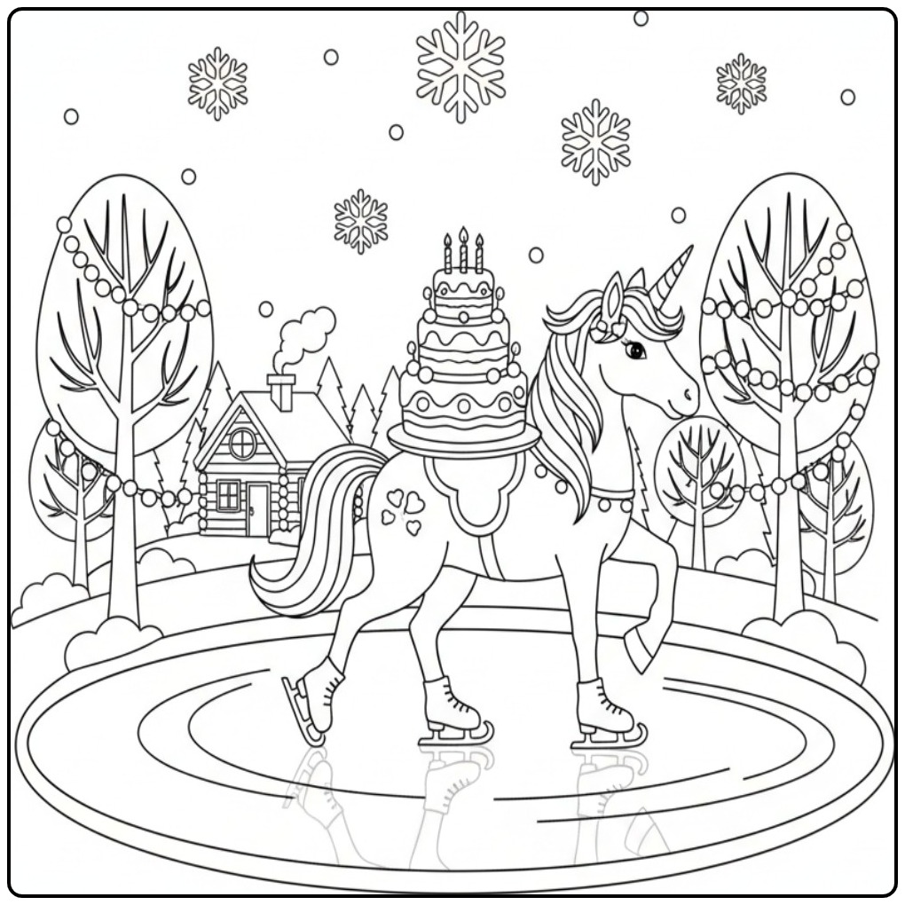 Verjaardag taart kleurplaat eenhoorn, schaatsend in winterlandschap.