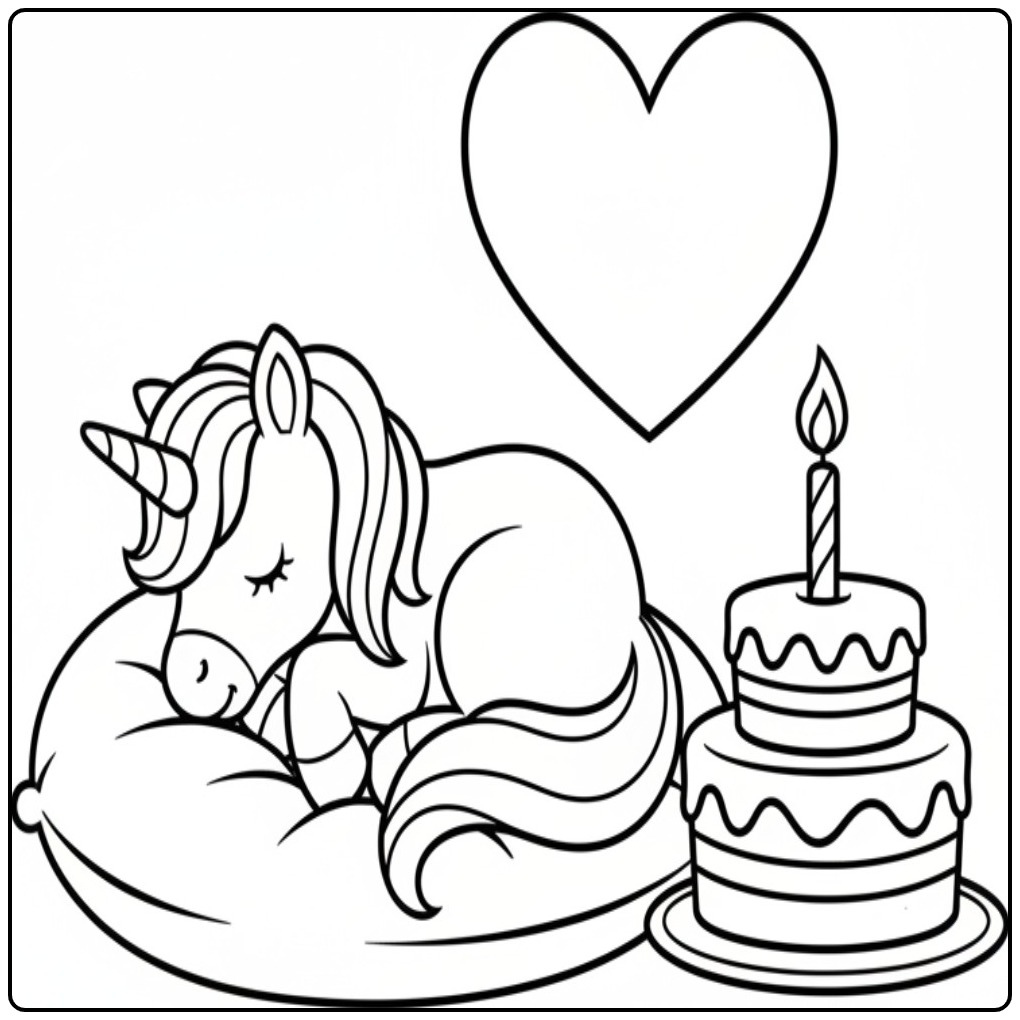 Slaap eenhoorn en verjaardag taart kleurplaat eenhoorn tekening