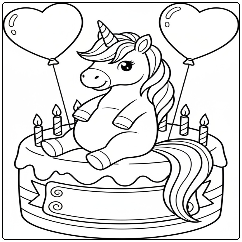 Eenhoorn op verjaardag taart kleurplaat, met hartballonnen en kaarsjes.