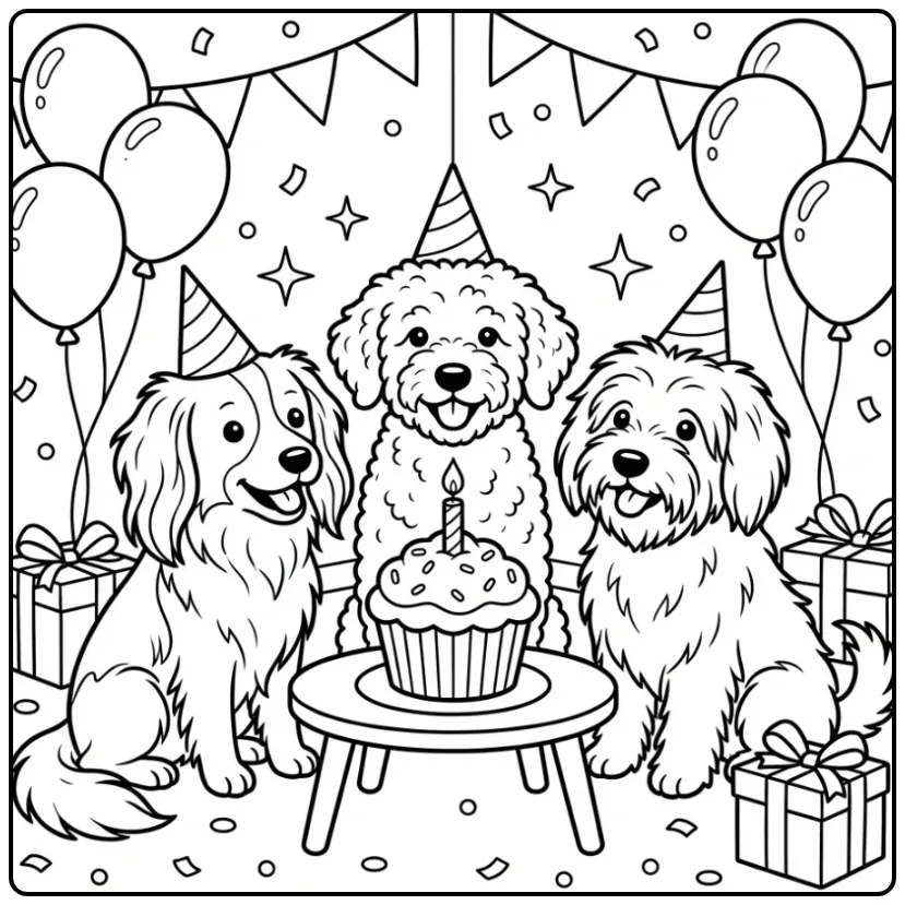 Drie schattige hondjes op een honden kleurplaat makkelijk.