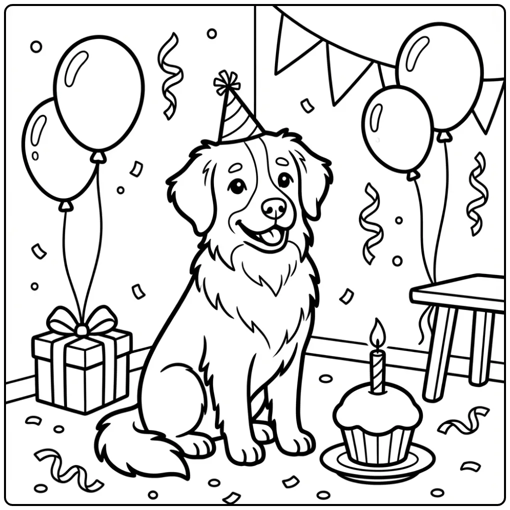 Vrolijke Stabyhoun kleurplaat hond makkelijk met feestmuts.