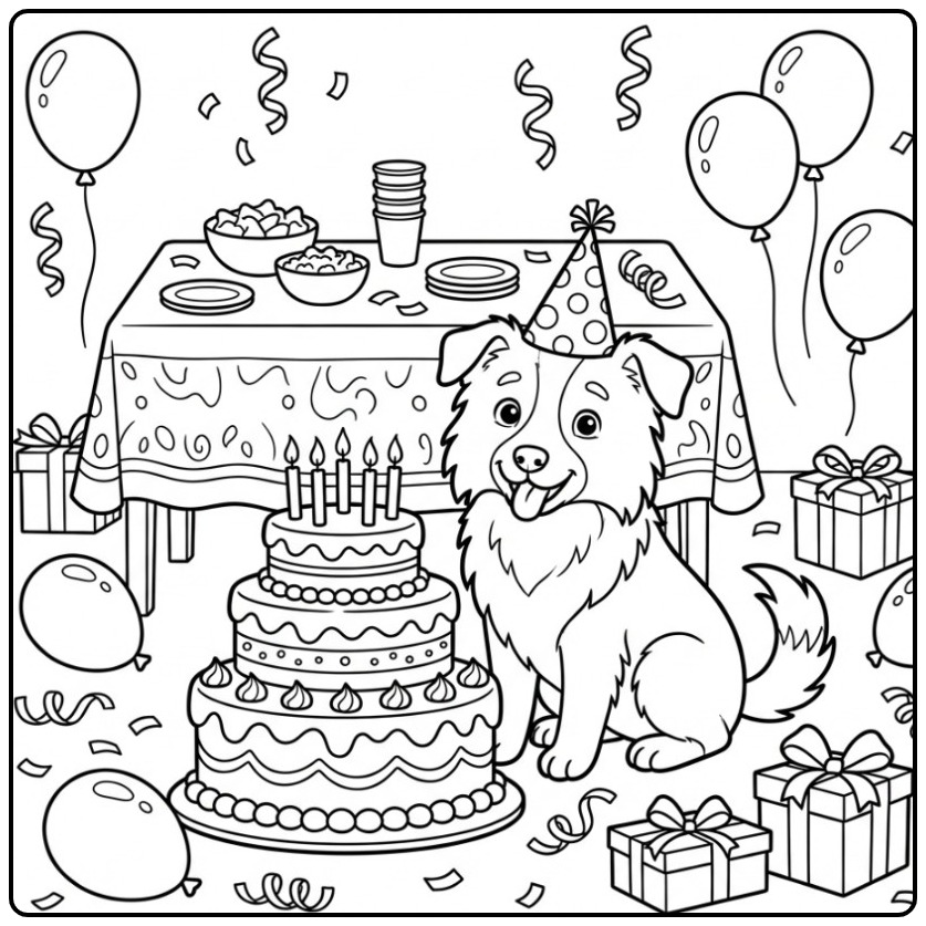 Een vrolijke kleurplaat border collie met feesthoed en taart.