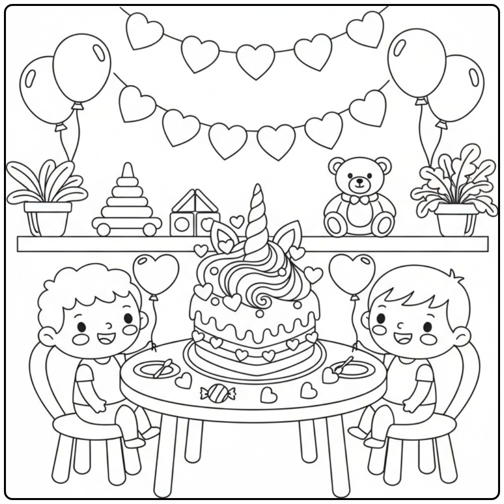 Twee jongens op een feestje. Kleurplaat unicorn taart met hartjes.