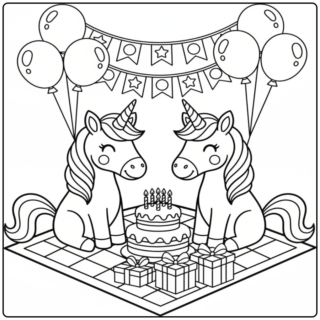 Twee schattige eenhoorns vieren feest unicorn kleurplaat makkelijk.
