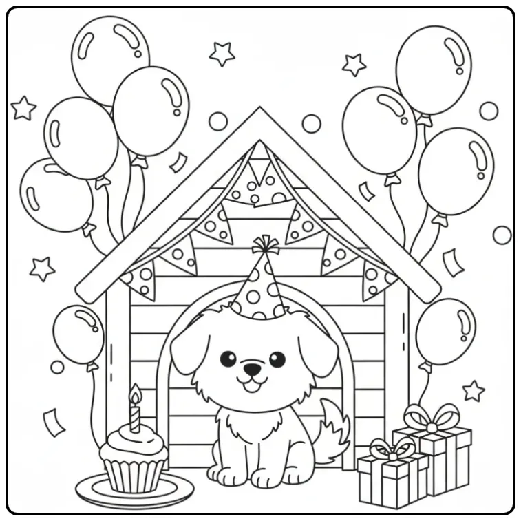 Een blije hond met een feesthoedje bij zijn kleurplaat hondenhok.