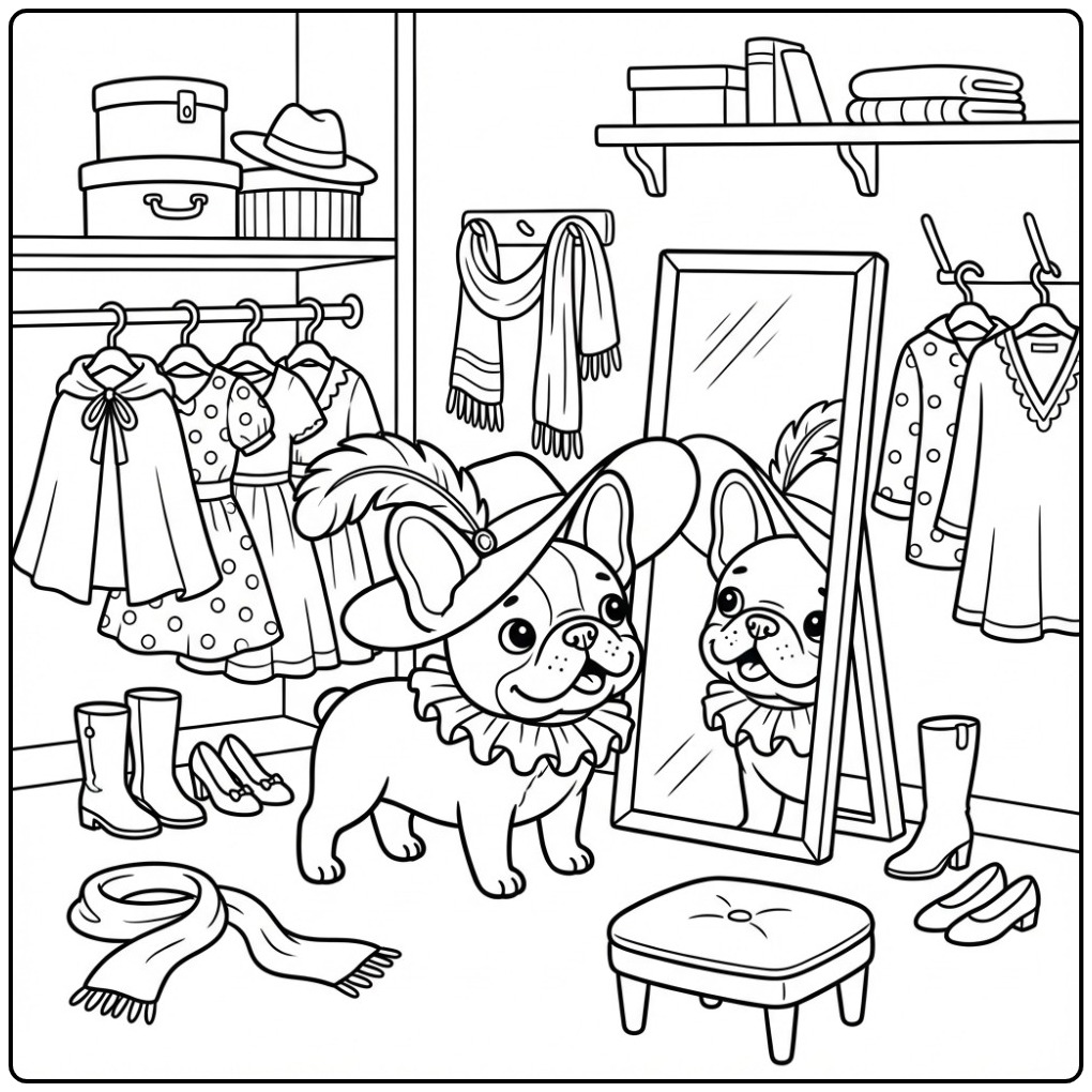 Een grappige kleurplaat franse bulldog in een kledingkast.