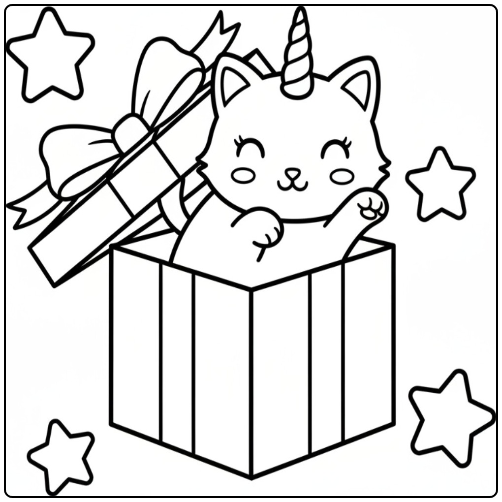 Schattige unicorn kat kleurplaat in een magische geschenkdoos.