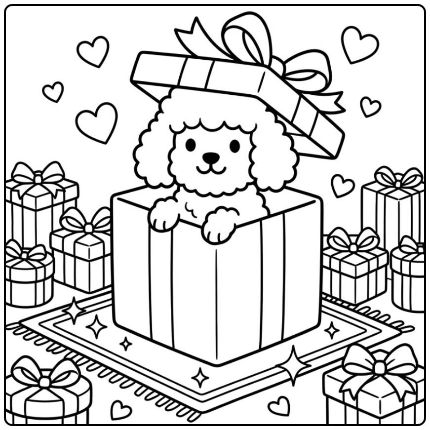 Een schattige kleurplaat poedel die uit een geschenkdoos komt.