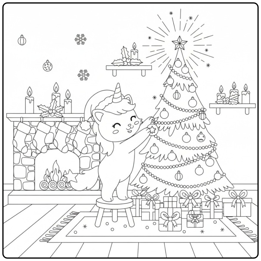 Een schattige Eenhoornkat Kerstmis Kleurplaat bij de boom.