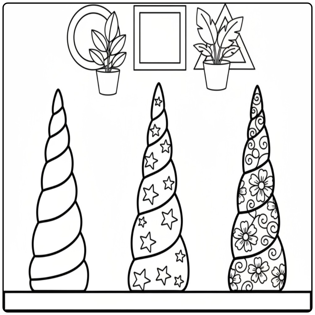 Drie verschillende hoorns op een unicorn hoorn kleurplaat.