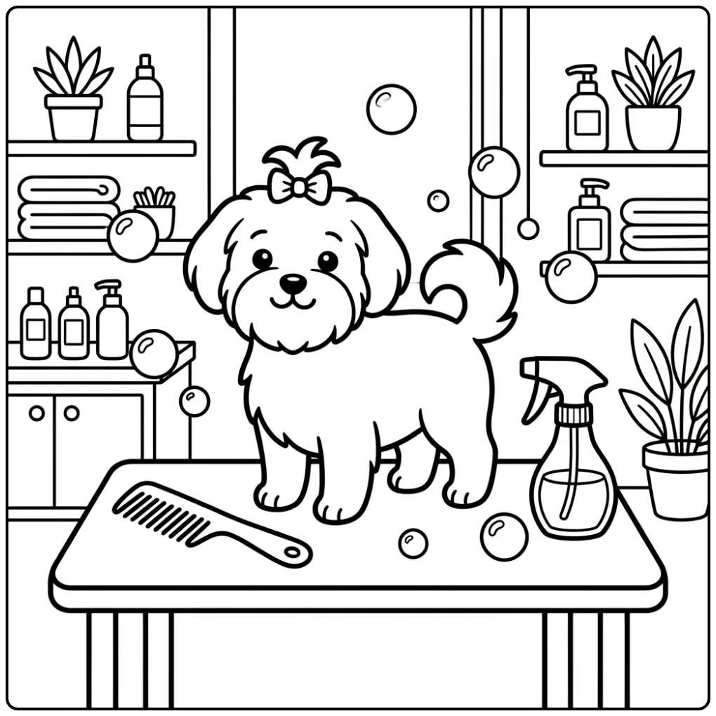 Lieve Markiesje op een trimtafel, kleurplaat hond makkelijk.