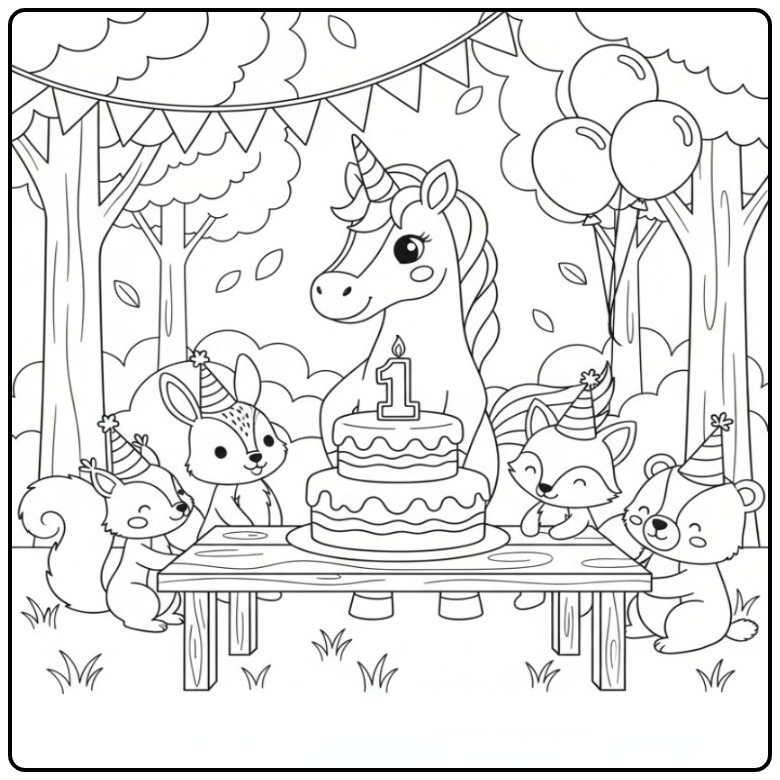 Leuke verjaardag taart kleurplaat eenhoorn en bosdieren vieren feest.
