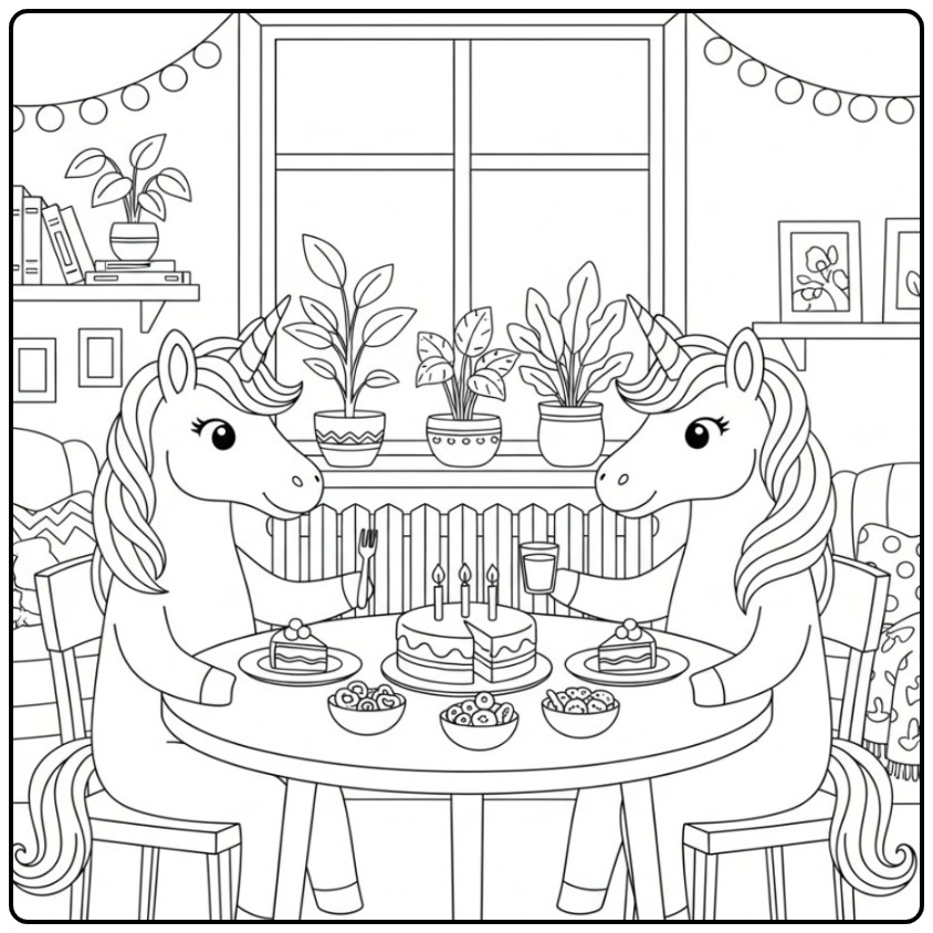 Schattige verjaardag taart kleurplaat eenhoorn feest. Kleur nu!