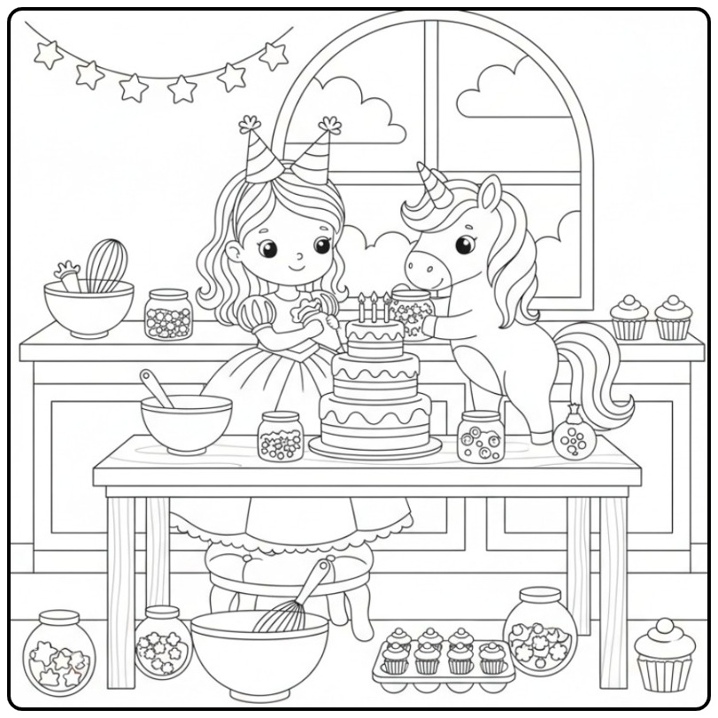 Een Verjaardag prinses eenhoorn kleurplaat van een feestje.