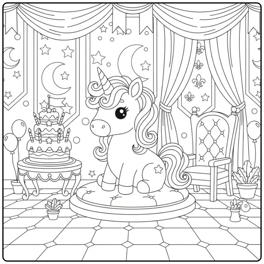 Kleurplaat unicorn verjaardagstaart in een kasteel, eenhoorn viert feest.