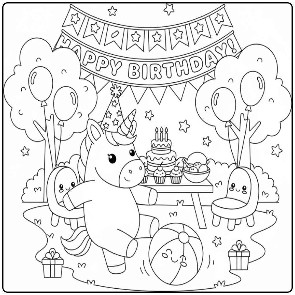 Schattige unicorn verjaardags kleurplaat met een taart en bal.