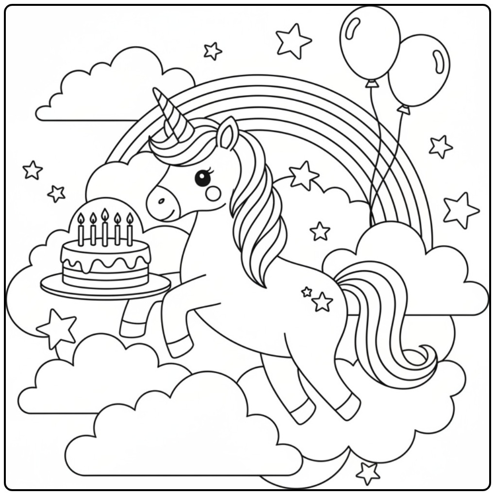 Verjaardag taart kleurplaat eenhoorn met regenboog en wolken.