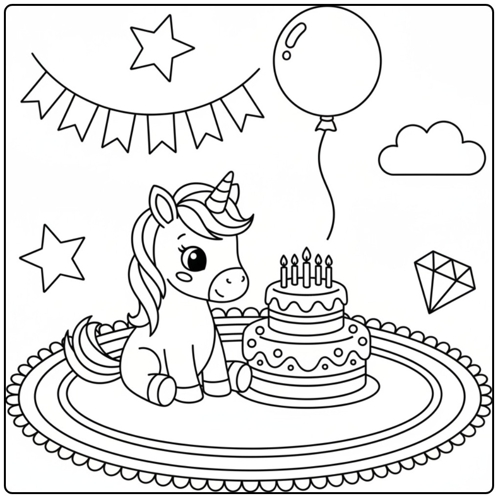 Schattige verjaardag taart kleurplaat eenhoorn klaar om in te kleuren.