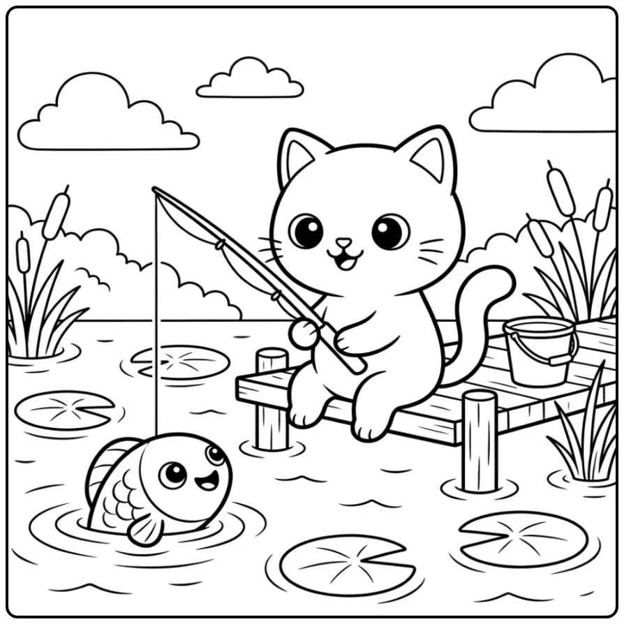 Vissende poes op steiger kleurplaat kawaii kat tussen riet.