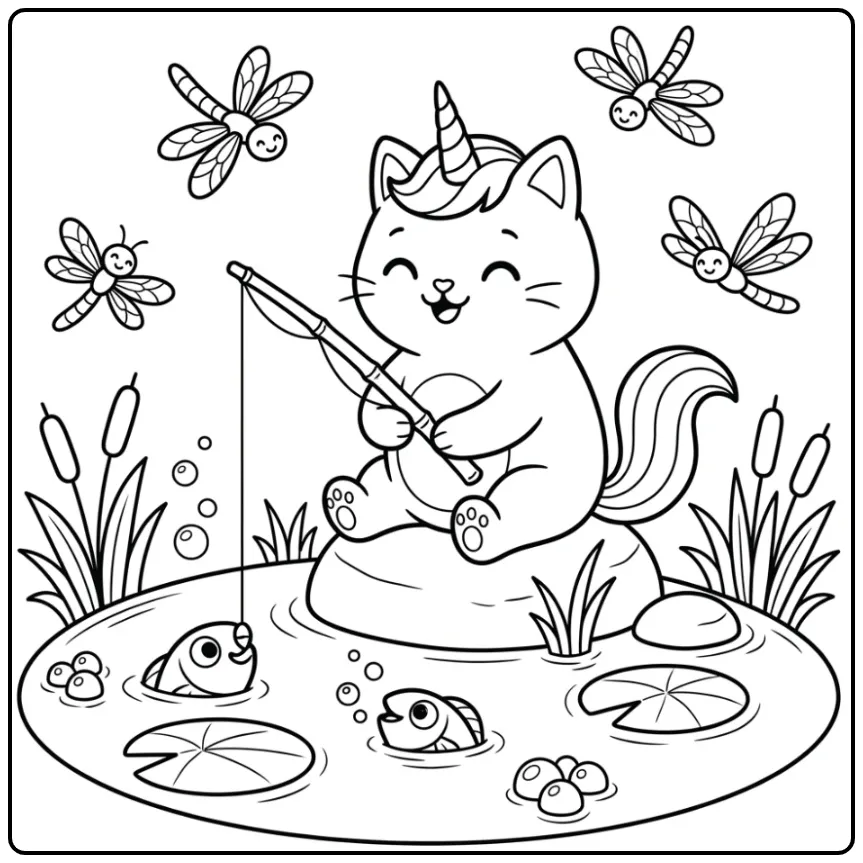 Een schattige unicorn kat kleurplaat vissend bij een vijver.