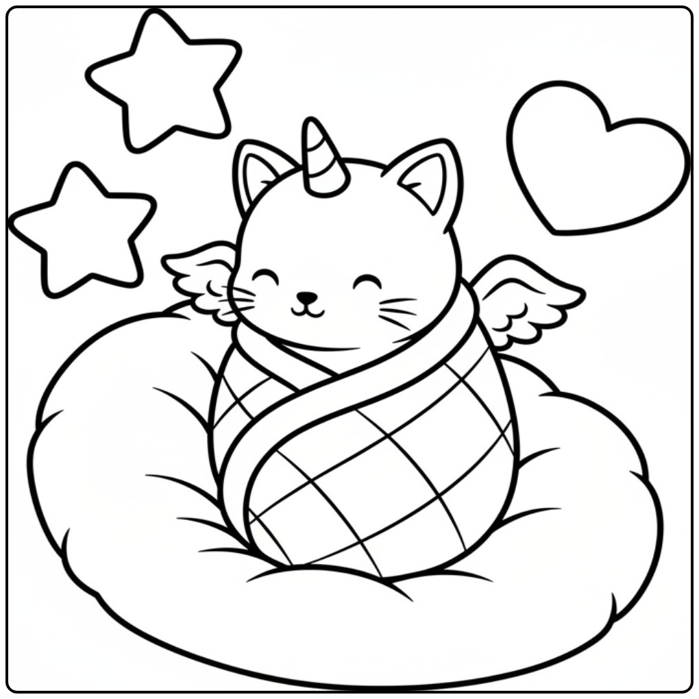 Schattige ingebakerde baby unicorn kat kleurplaat met sterren.