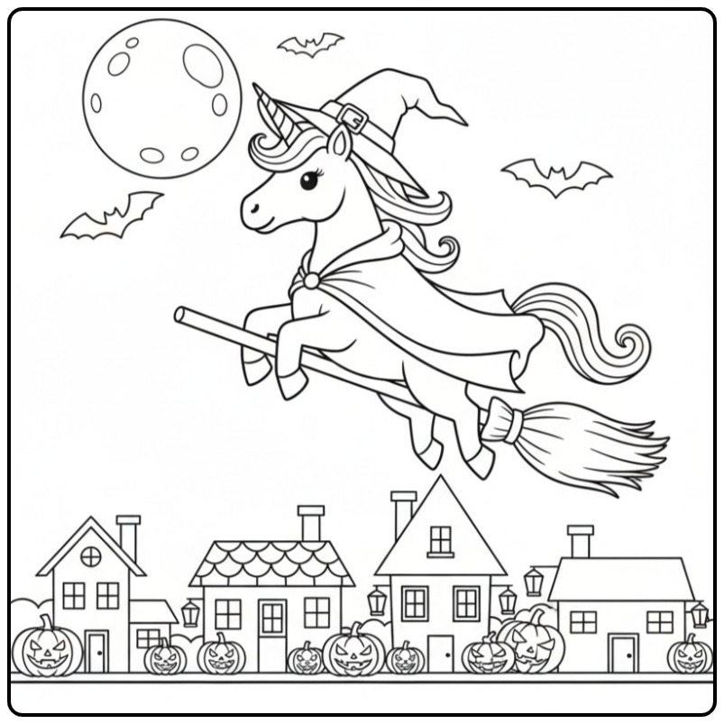 Een schattige unicorn halloween kleurplaat van een heks.