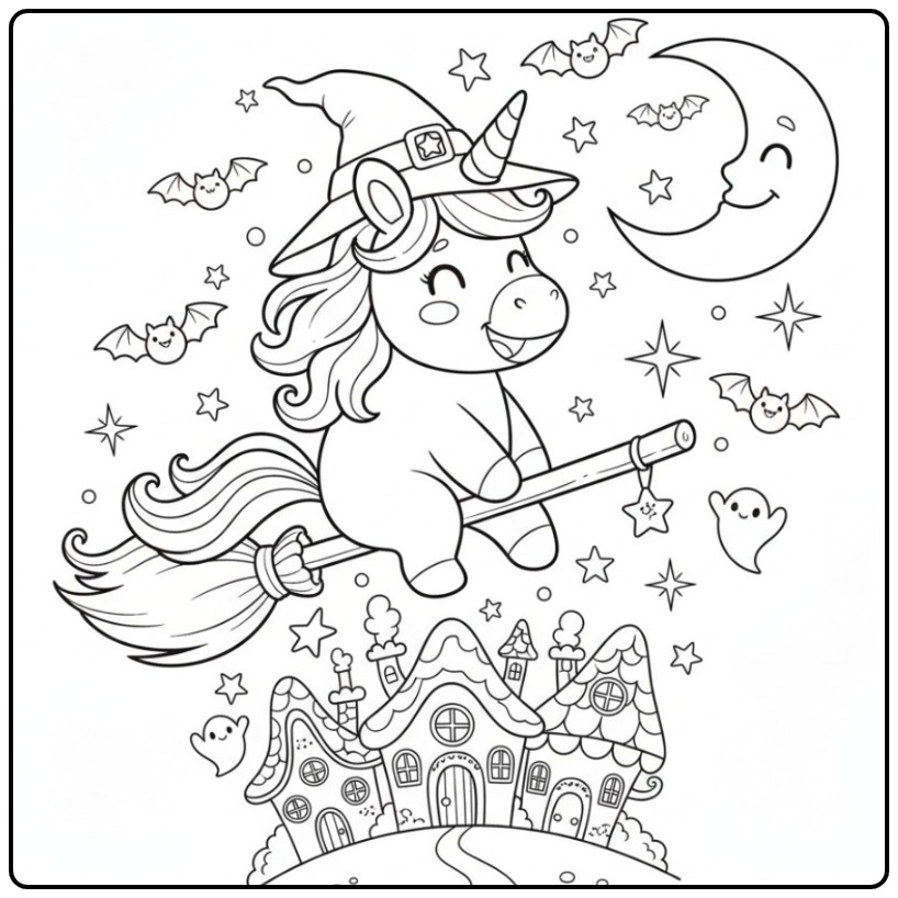 Een schattige Makkelijke halloween unicorn kleurplaat om te printen.