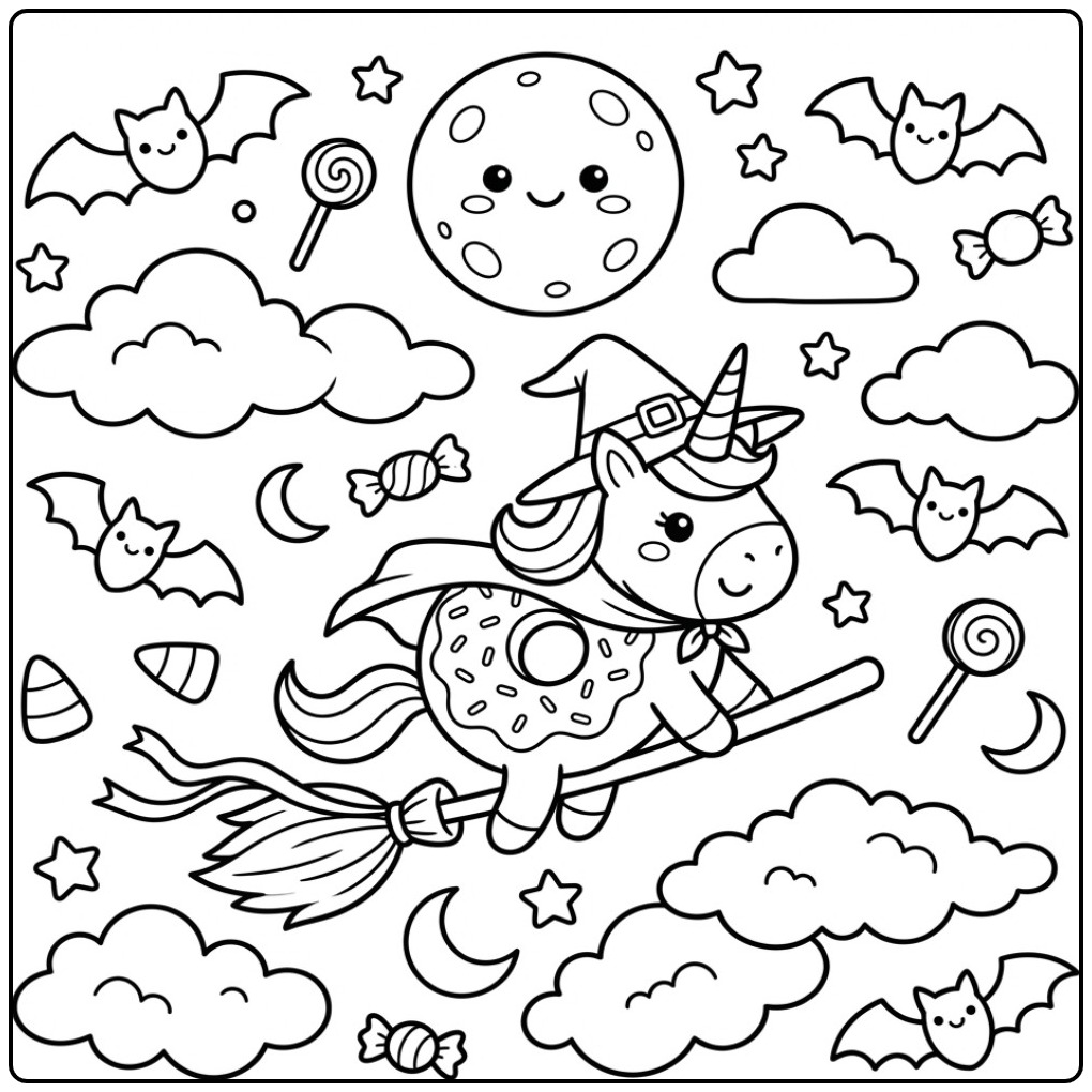 Een schattige Halloween donut eenhoorn kleurplaat met vleermuizen.