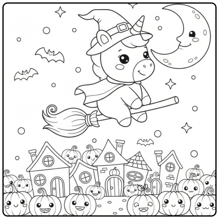 Een schattige Kleurplaat baby unicorn Halloween als heks op een bezem.
