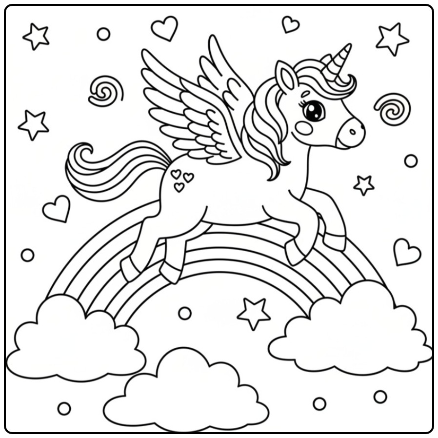 Een schattige kleurplaat eenhoorn met vleugels en een regenboog.