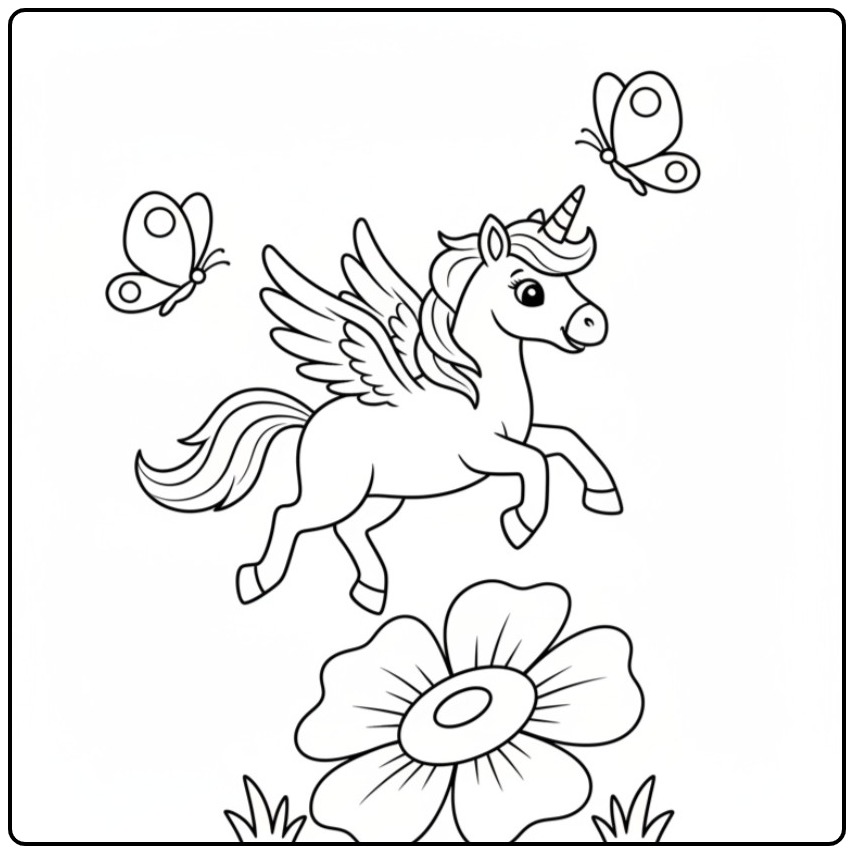 Een vrolijke kleurplaat eenhoorn met vleugels en vlinders.