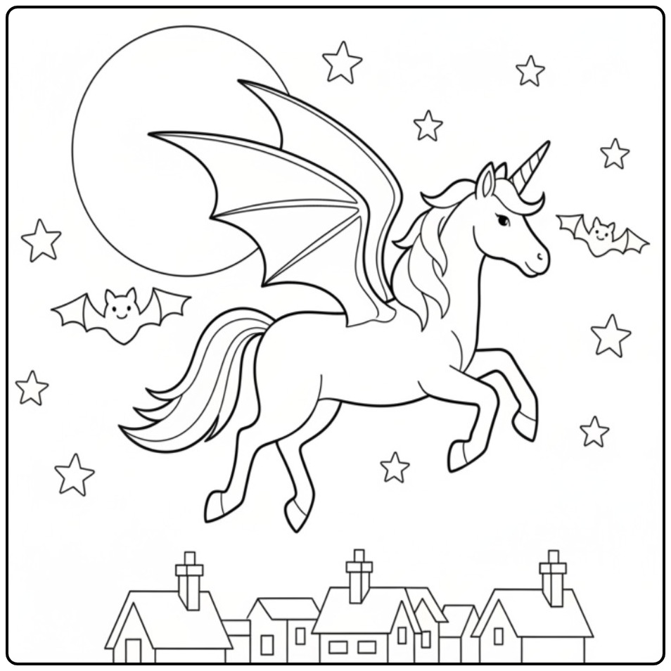 Een magische Kleurplaat unicorn en vleermuis voor Halloween.