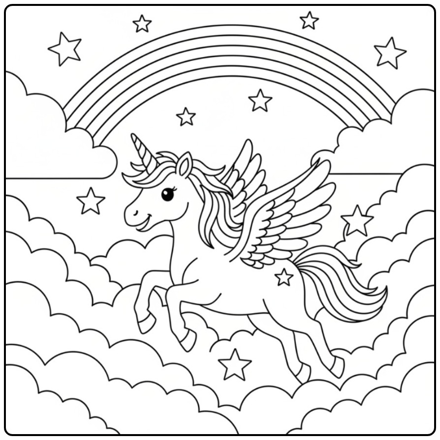 Een schattige unicorn kleurplaat makkelijk met wolken en sterren.