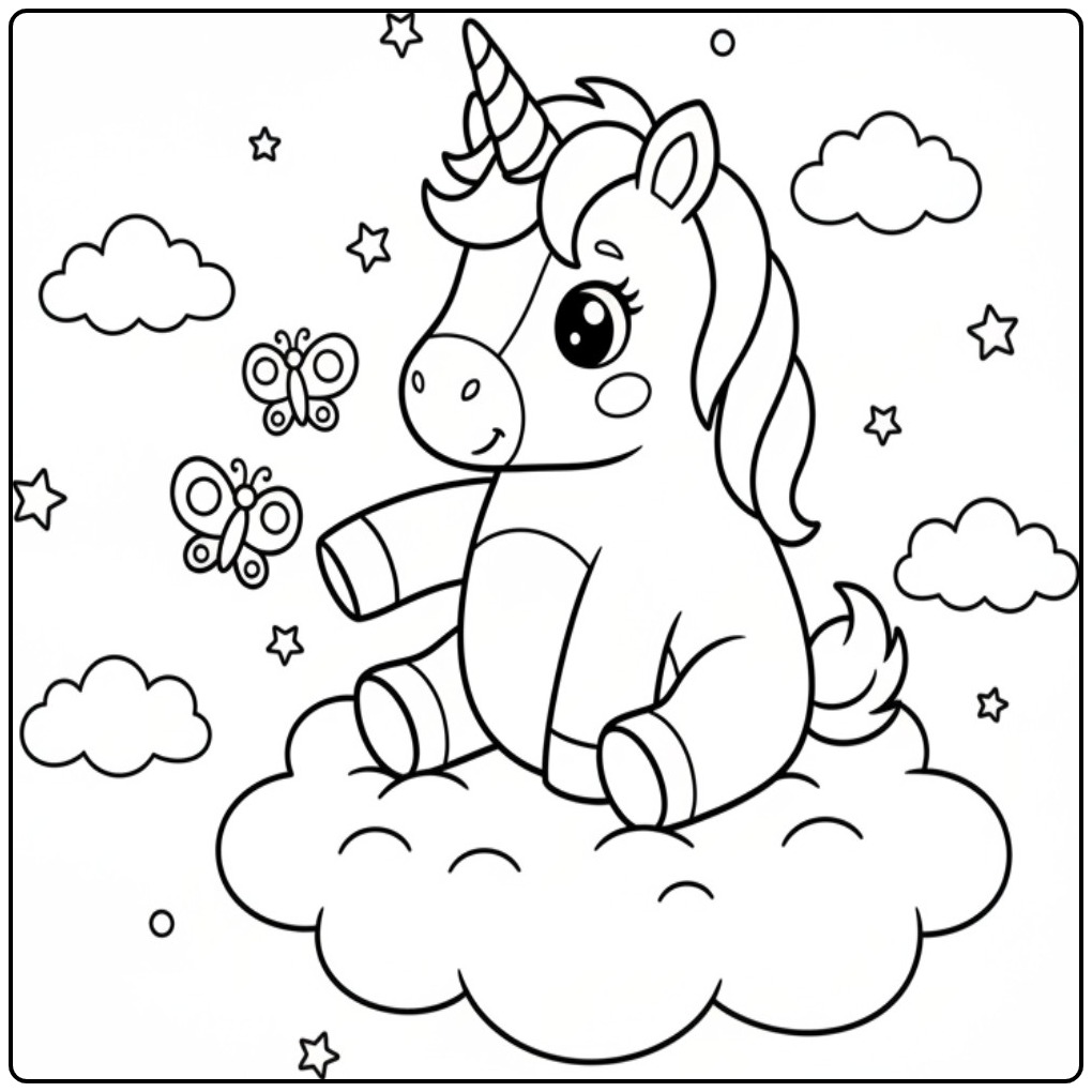 Leuke vlinders kleurplaat unicorn op een wolk, om in te kleuren.