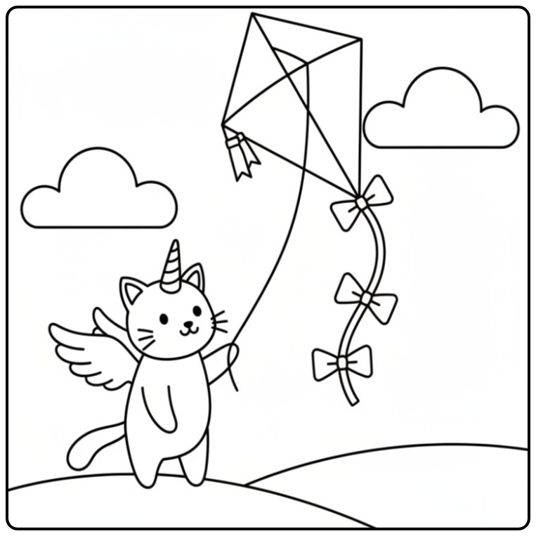 Een schattige unicorn kat kleurplaat met een grote vlieger.