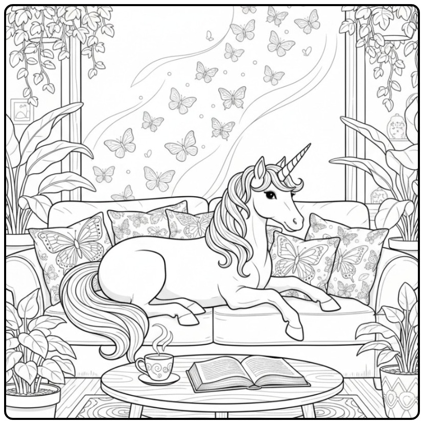Prachtige vlinders kleurplaat unicorn ligt rustig op de bank.