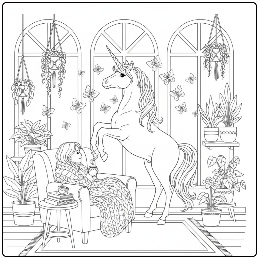 Vlinders kleurplaat unicorn met meisje, thee en vele vlinders.