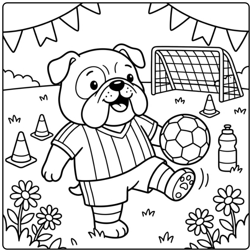 Een vrolijke kleurplaat bulldog die op een veld voetbal speelt.