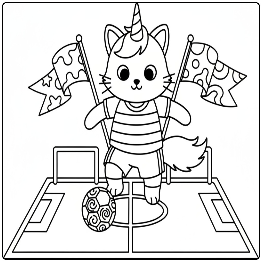 Leuke unicorn kat kleurplaat van een voetballer met vlaggen.