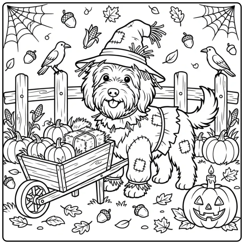 Schapendoes als vogelverschrikker, een kleurplaat halloween hond.