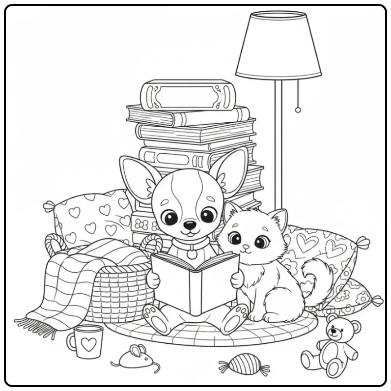 Een schattige kleurplaat hond en kat in een gezellig leeshoekje.