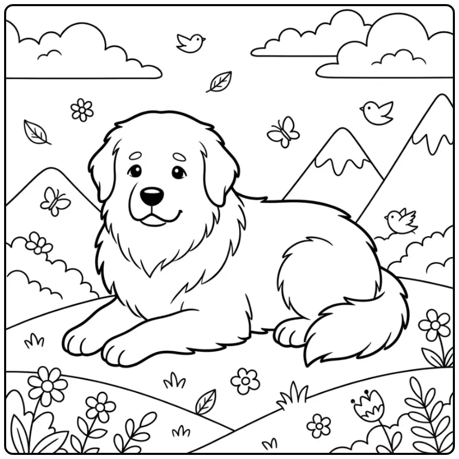 Grote Pyreneese berghond op heuvel kleurplaat hond schattig