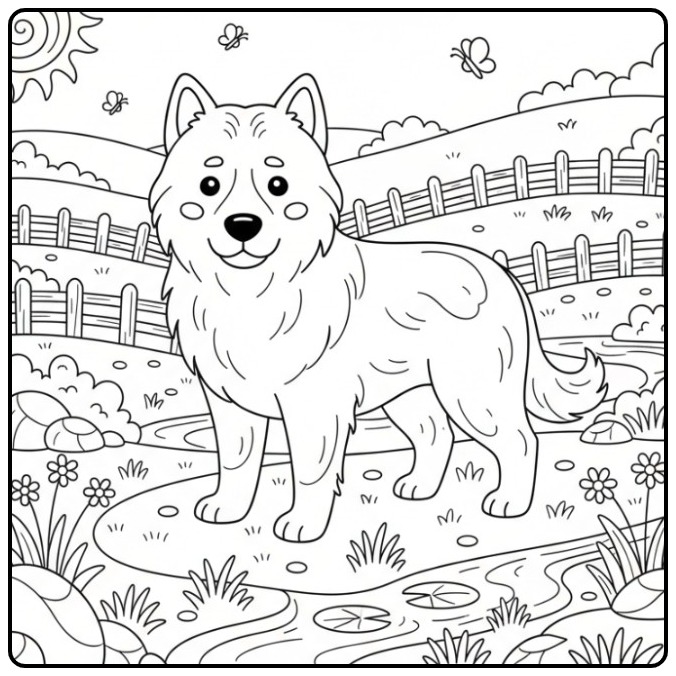 Een gedetailleerde kleurplaat hond moeilijk van een kalme Akbash.