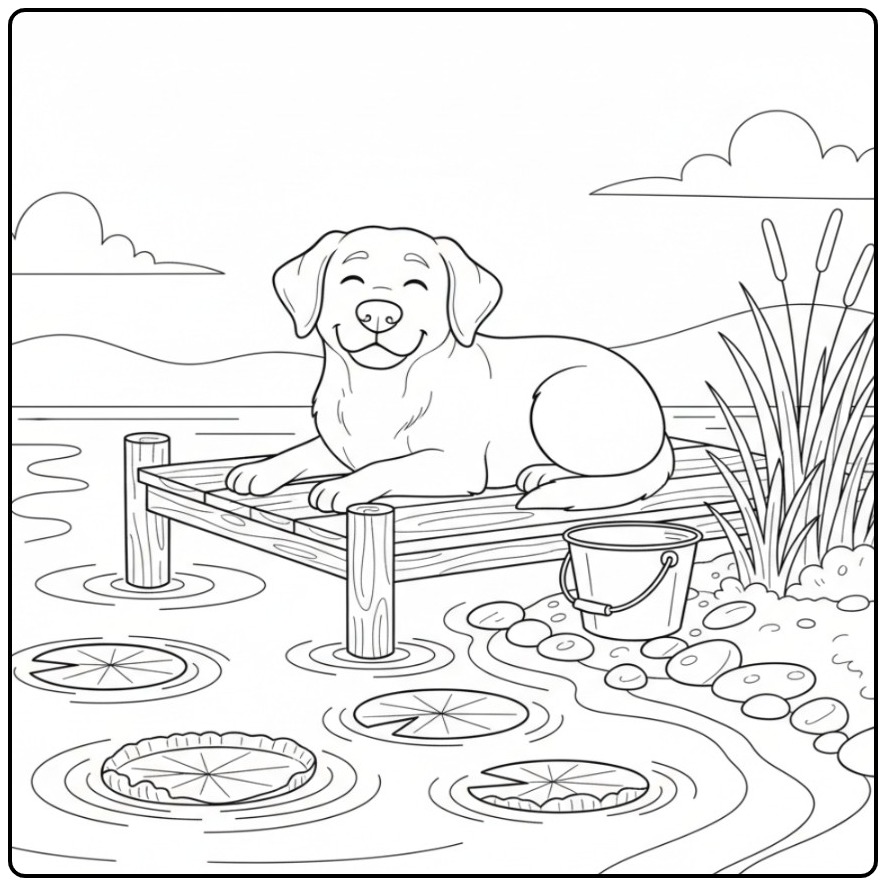 Een rustige Labrador bij een steiger, een kleurplaat hond moeilijk.