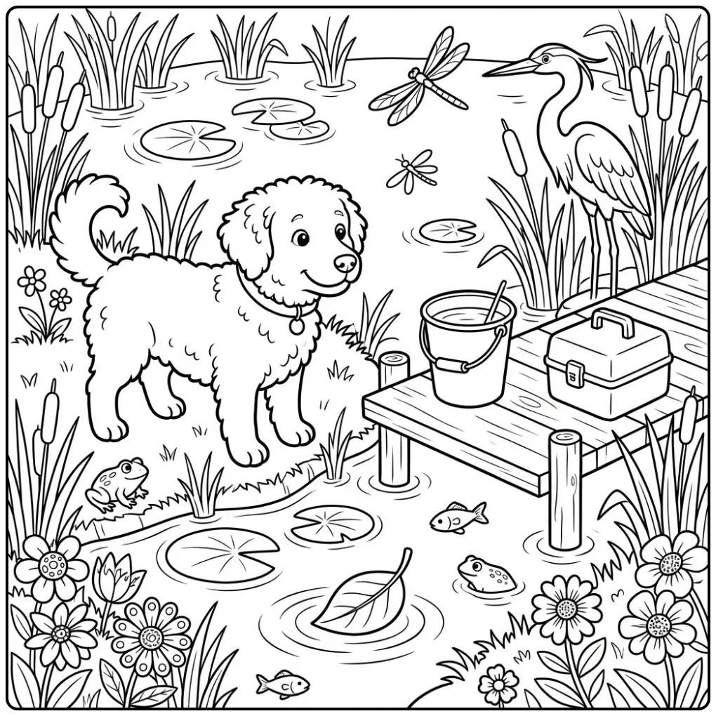 Een schattige kleurplaat hond volwassenen van een Wetterhoun.