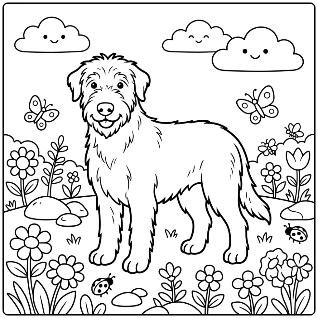 Schattige kleurplaat hond van een Ierse Wolfshond in de natuur.