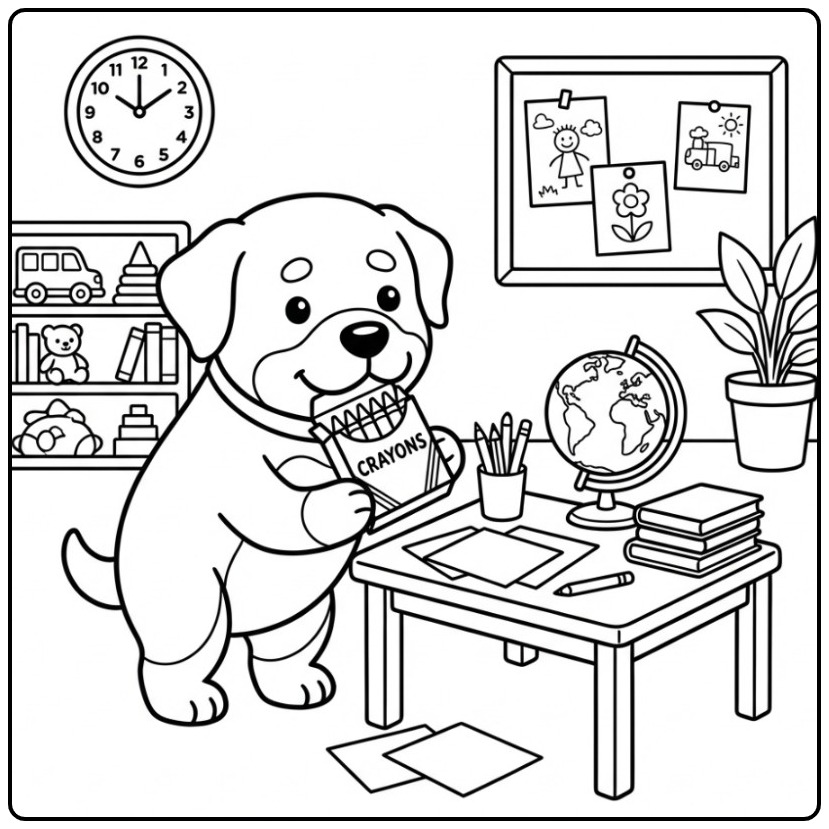 Een schattige rottweiler kleurplaat van een hond in een klas.