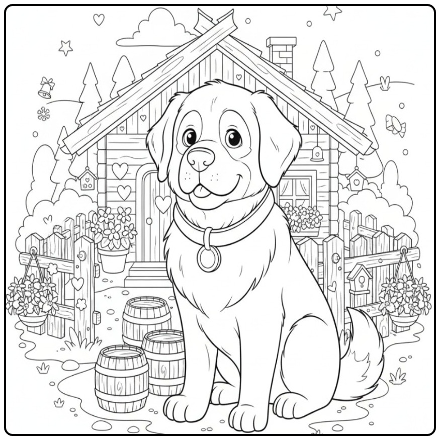 Sint Bernard bij een alpenhut, een kleurplaat hond moeilijk.