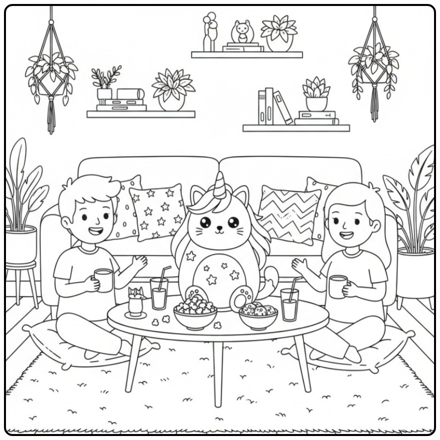 Gezellige filmavond met een schattige unicorn kat kleurplaat.